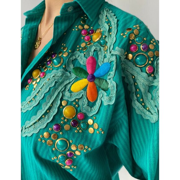 80s vintage embellished funky button up shirt shorts 2 piece matching coord set - Picture 9 of 11